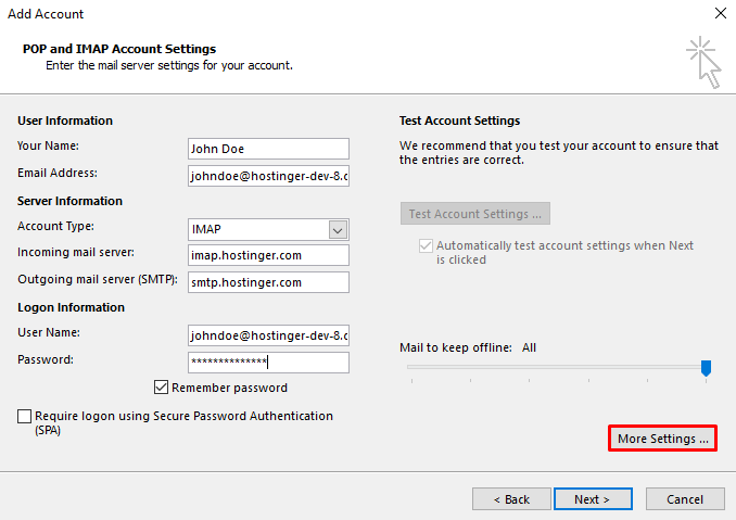A screenshot showing POP and IMAP account settings information and where to find More Settings button.