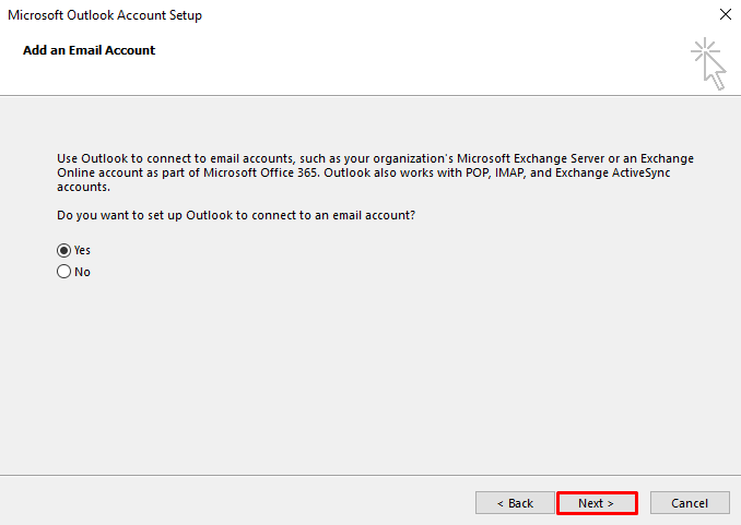 A screenshot showing where to tick Yes to add an email account.