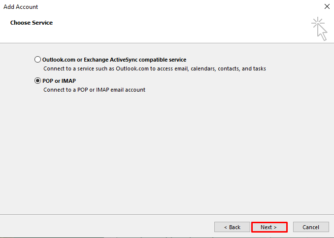 A screenshot showing where to tick to choose POP or IMAP email account.