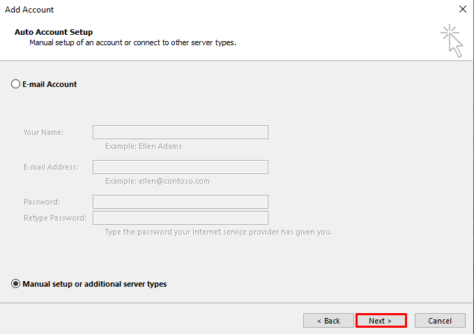 A screenshot showing where to find the manual setup or additional server types and the next button.