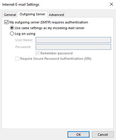 A screenshot showing where to tick to use same settings as your incoming mail server.