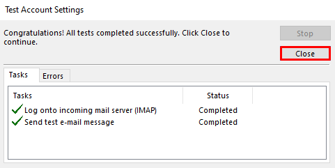 A screenshot showing test account settings and to find the close button.