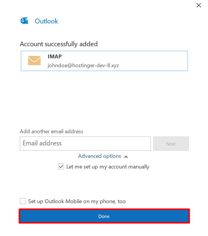 Outlook window informing that account was successfully added.