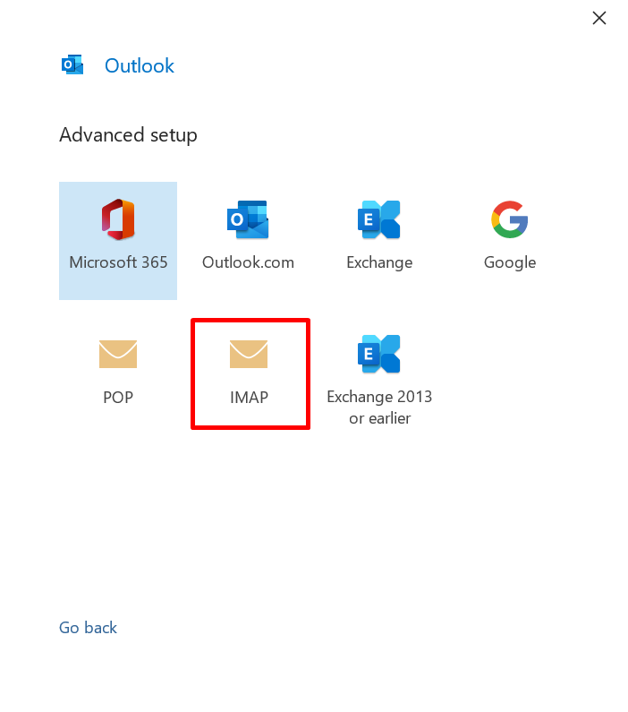 A screenshot showing Outlook's advanced setup and where to find IMAP