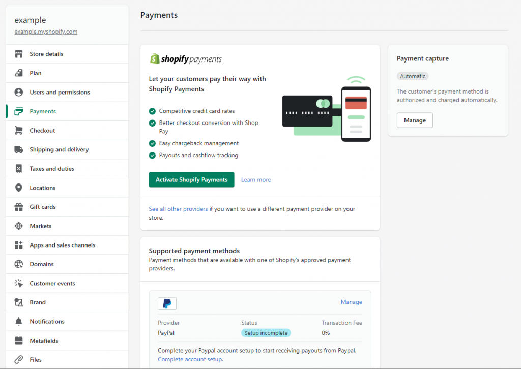 Shopify Payments settings