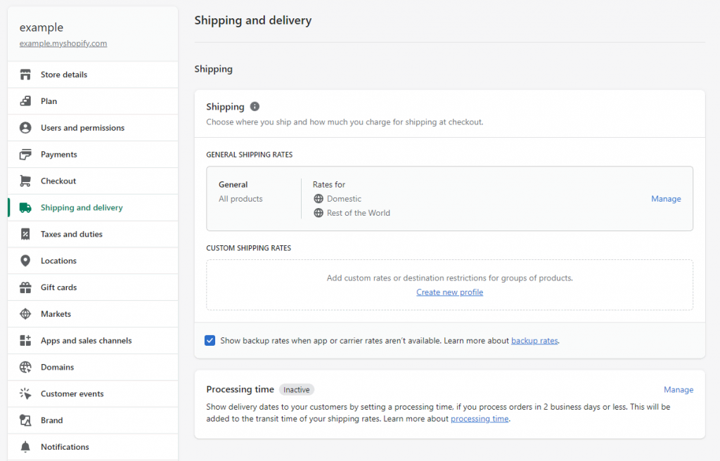 Shopify Shipping and delivery settings