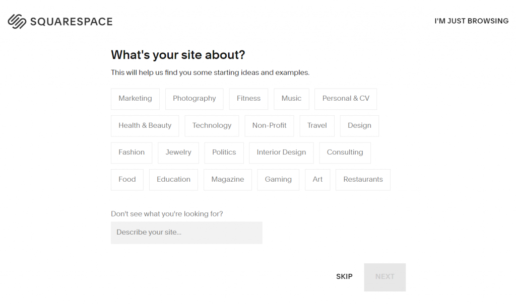Squarespace 网站的屏幕截图显示了许多类别的模板