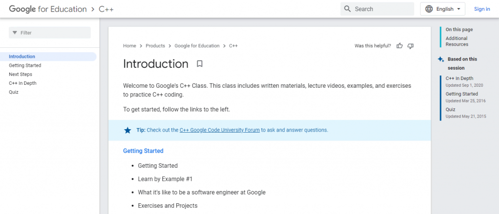 The C++ Education page on the Google for Education website