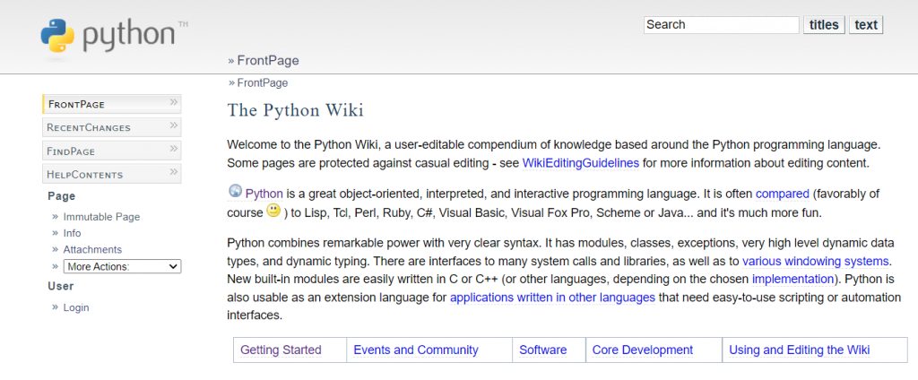 The Python Wiki website FrontPage