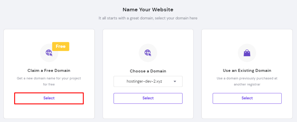 The Select button under the Claim a Free Domain option