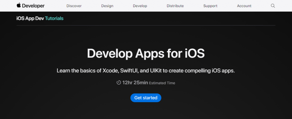 The iOS App Dev Tutorials page on the Apple Developer website