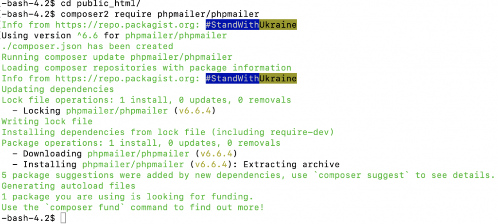 The terminal showcasing a successful PHPMailer  installation with Composer
