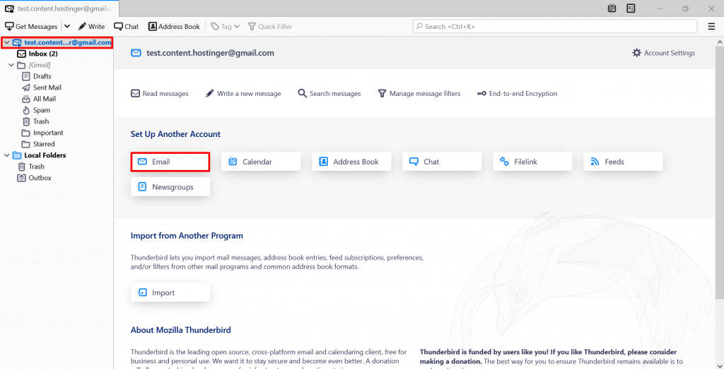 Screenshot showing where to press to add an email account in Thunderbird