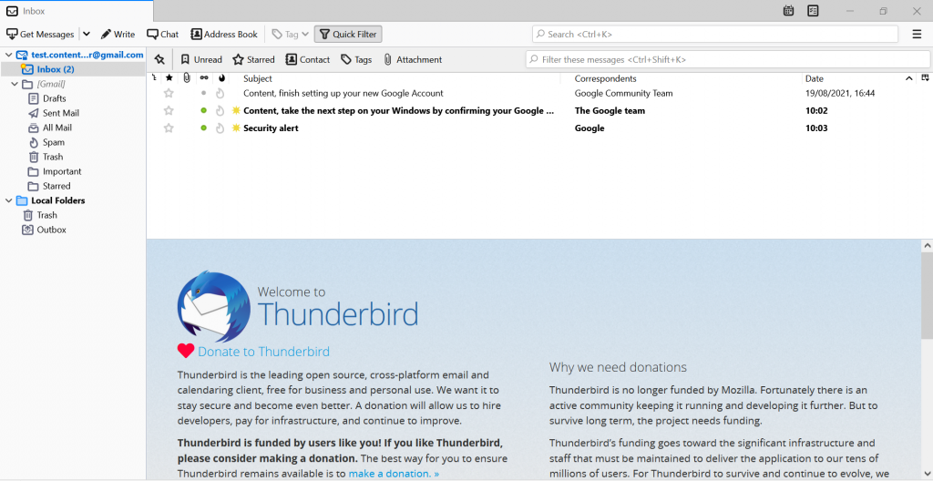 Screenshot showing the Thunderbird's interface.