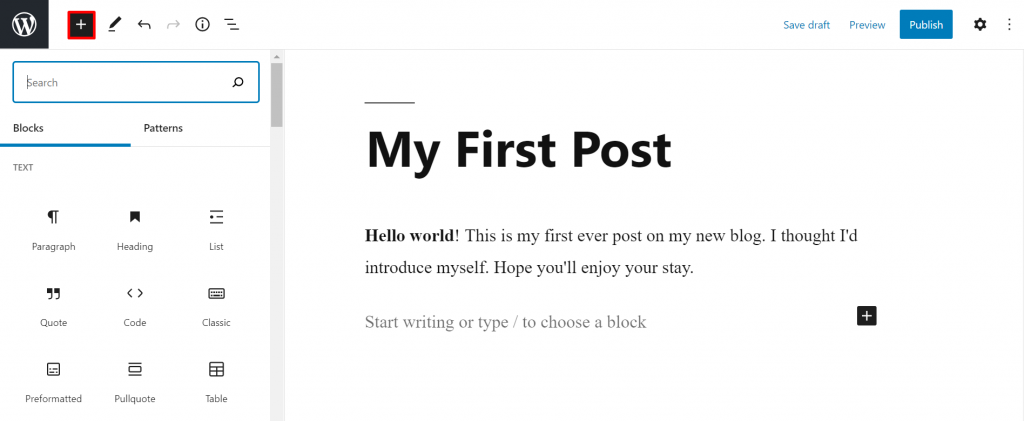 Screenshot from the WordPress text editor showing all blocks.
