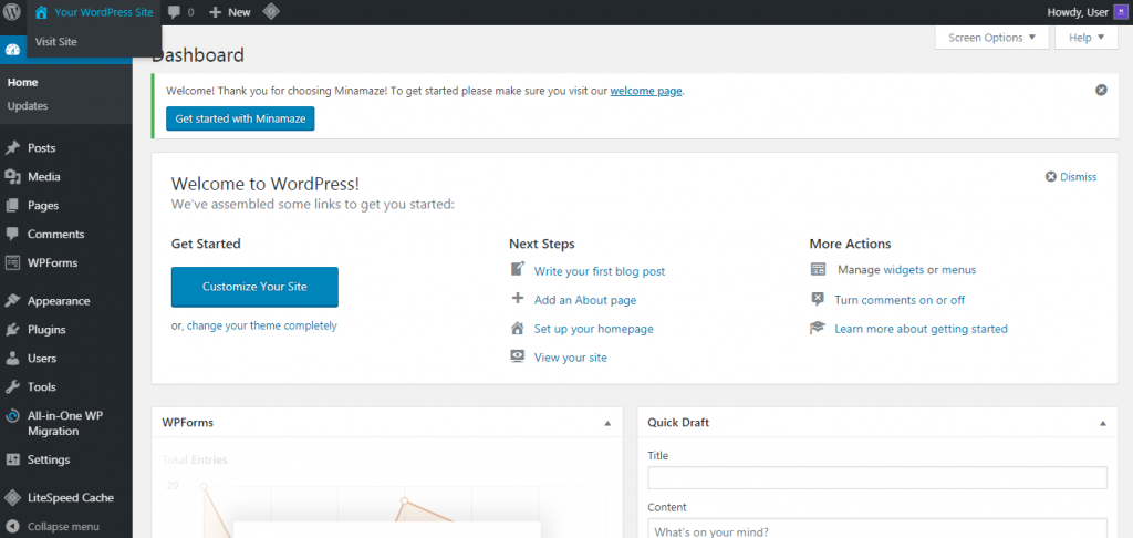 A screenshot from the WordPress dashboard showing where to click to visit site.