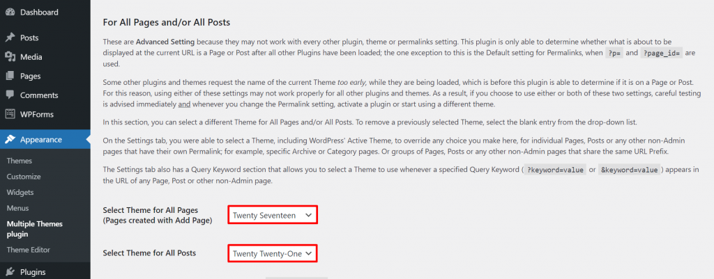 Selecting two themes for different pages in the advanced settings section.