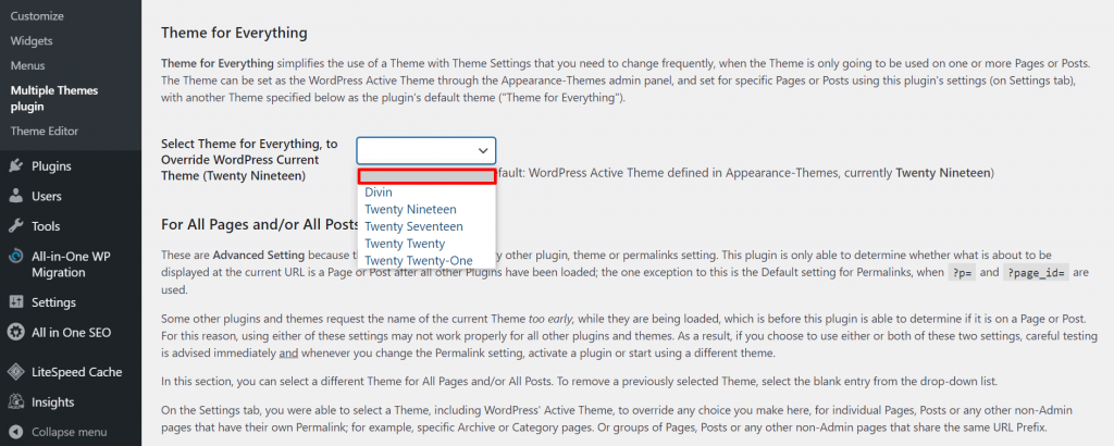 Selecting the blank option in the Multiple Themes plugin's settings.