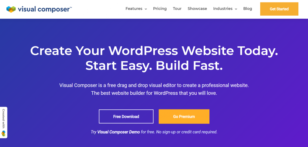A screenshot showing the Visual Composer website's front page where you can download it for free or go premium.