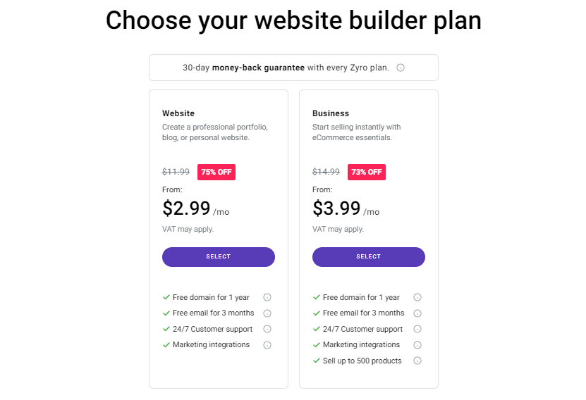 Zyro offers two plans with a free domain - Website and Business