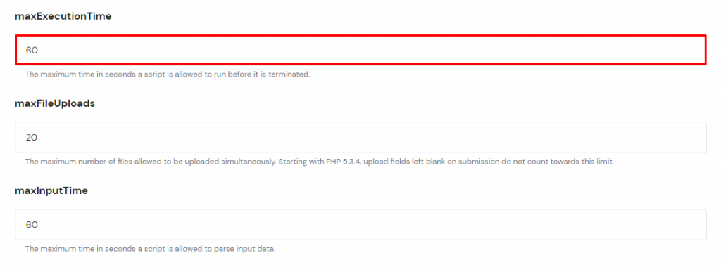 WordPress's max execution time option on hPanel