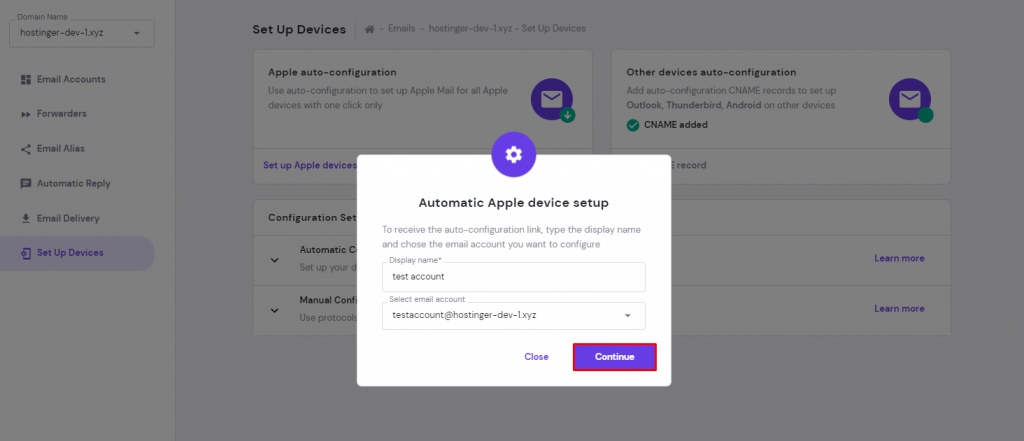 Screenshot from hPanel showing automatic Apple device setup