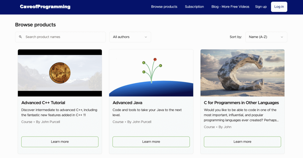 The Courses page on the Cave of Programming website