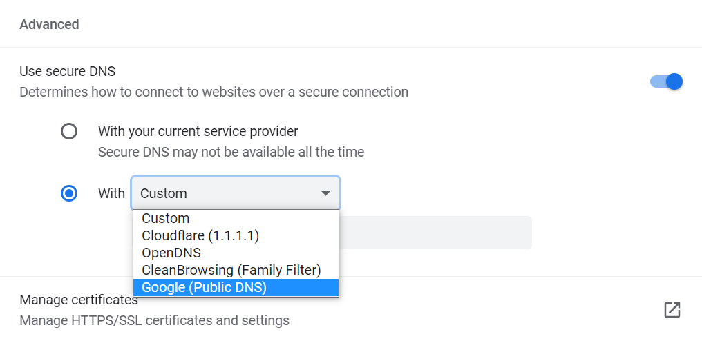 Modifying DNS settings on Google Chrome.