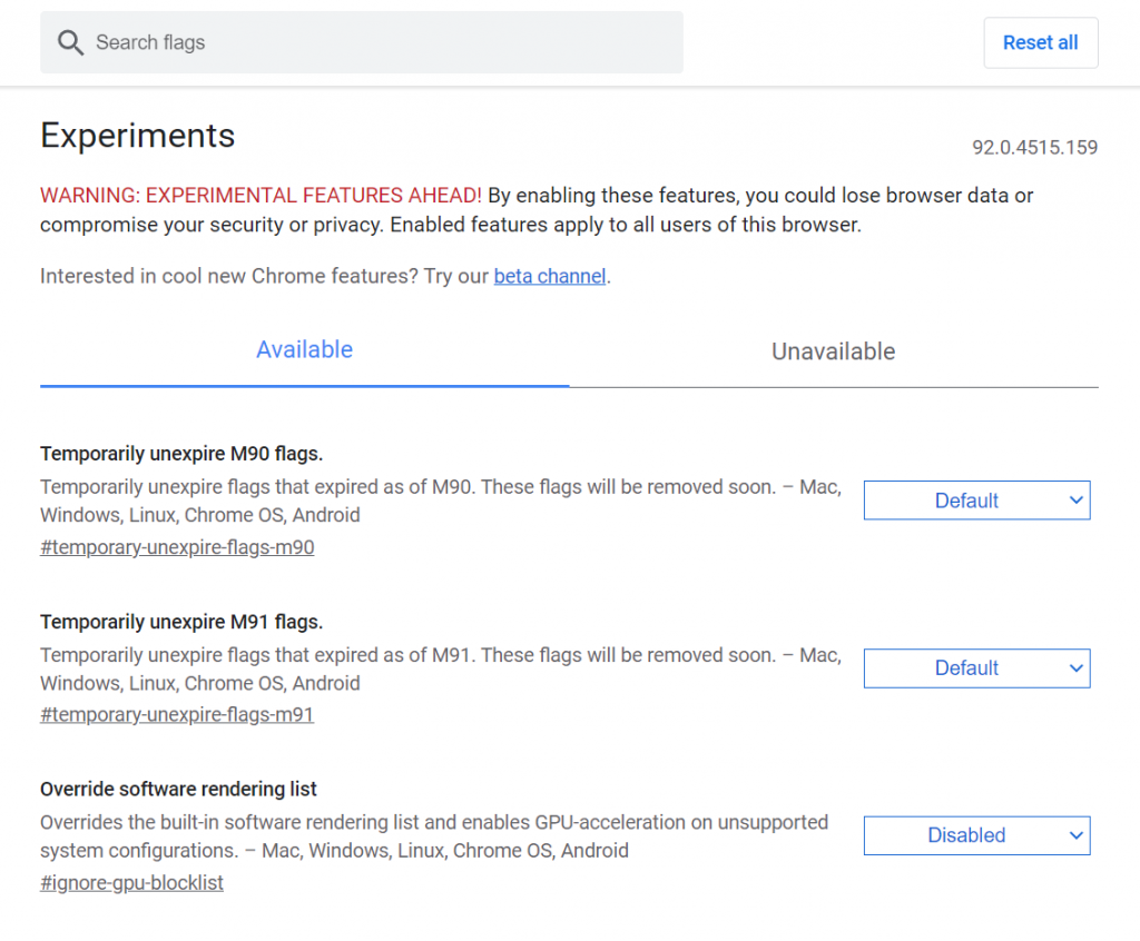 Modifying the Chrome Flags.