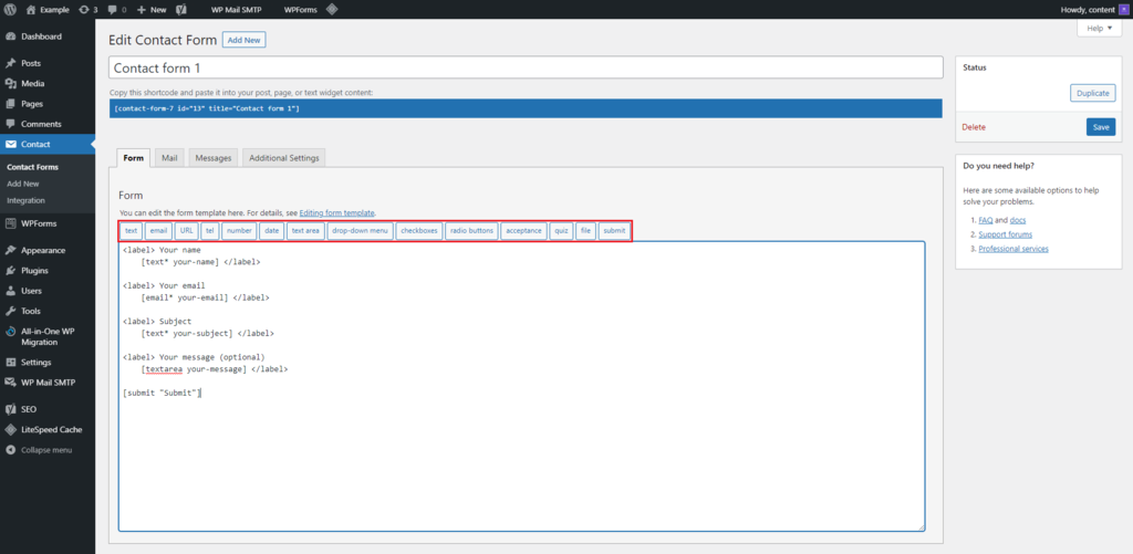Editing a contact form on WordPress.