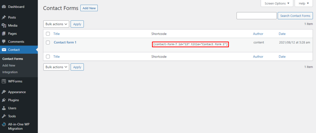 The shortcode of a contact form on WordPress.
