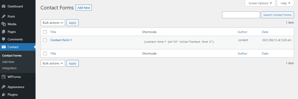 Setting up a contact form after installing Contact Forms 7 on WordPress.