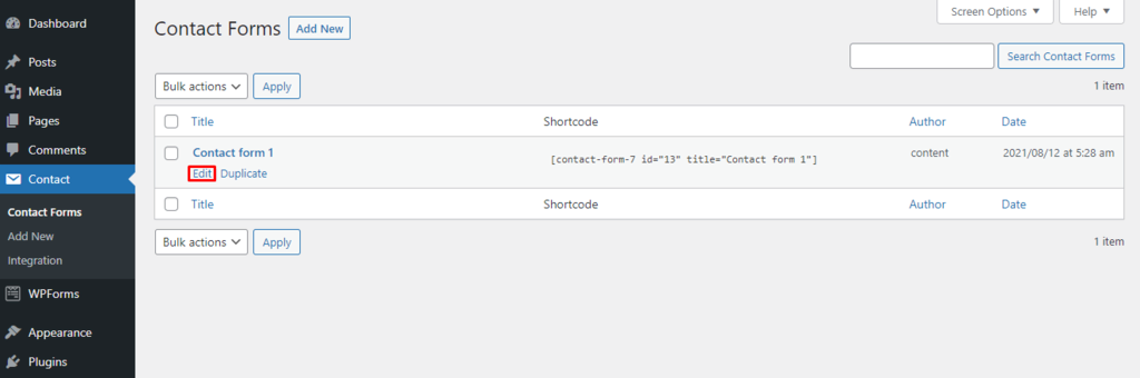 Editing a contact form on WordPress.
