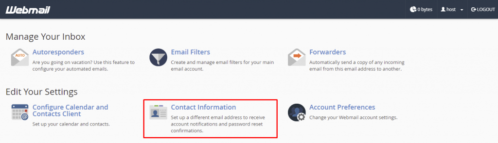 Webmail dashboard, highlighting Contact Information