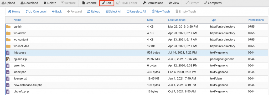 Clicking Edit on .htaccess on the cPanel.