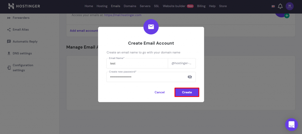 Create email account window