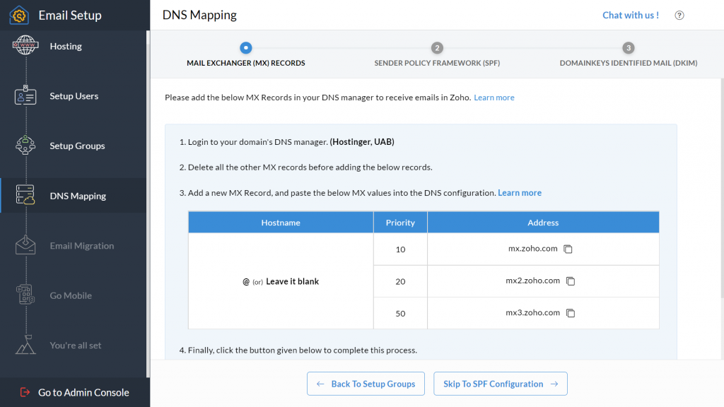 DNS Mapping on Zoho Mail.