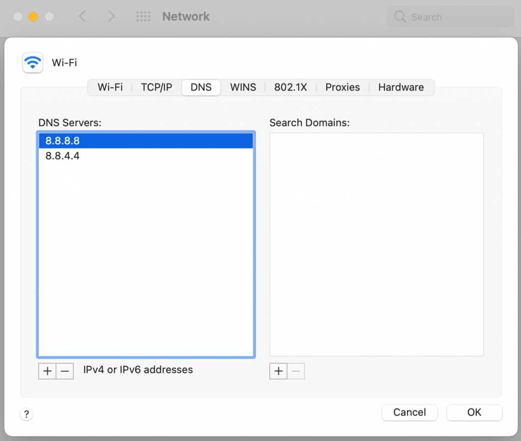 Modifying DNS settings on macOS.