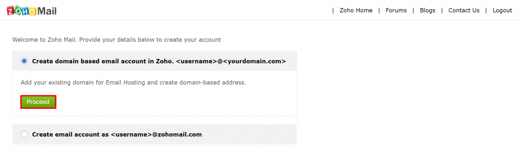 Zoho Mail setup, highlighting the domain-based option.