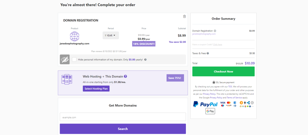 Purchasing a domain on Hostinger.