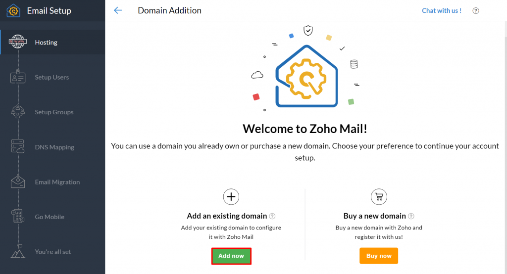 Zoho Mail setup, highlighting the Add domain now button.