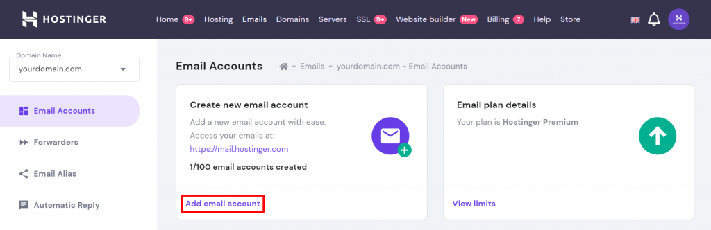 Email accounts section, highlighting the Add email account button.