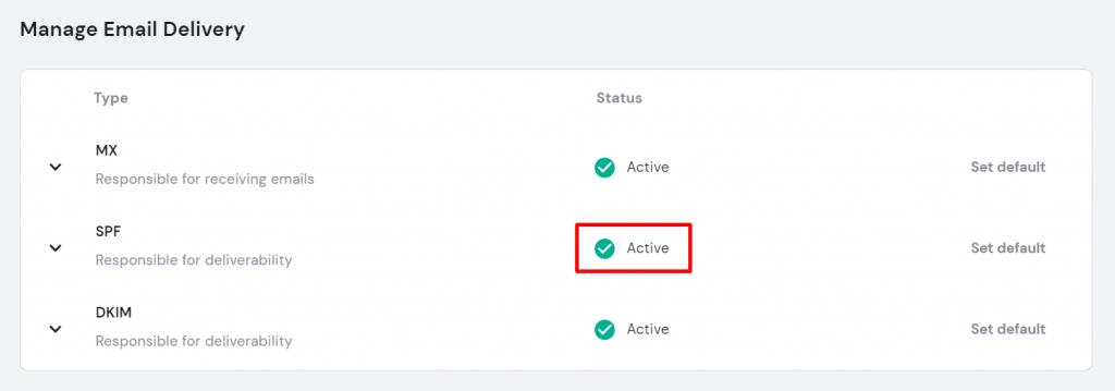 Manage email delivery, highlighting the SPF active button