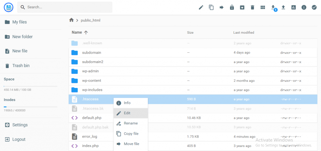 The Edit option for the .htaccess file highlighted in the public_html folder on hPanel's File Manager