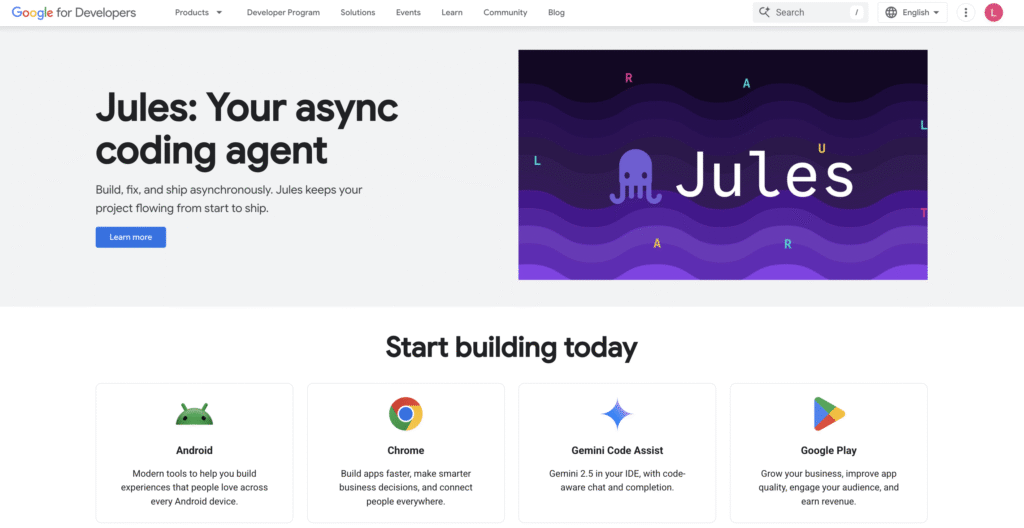 Google Developers website homepage