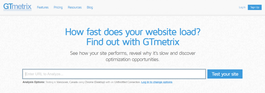 GTMetrix homepage.