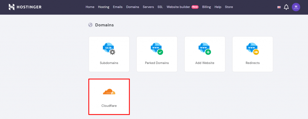 Screenshot from Hostinger's hPanel showing where to find Cloudflare.