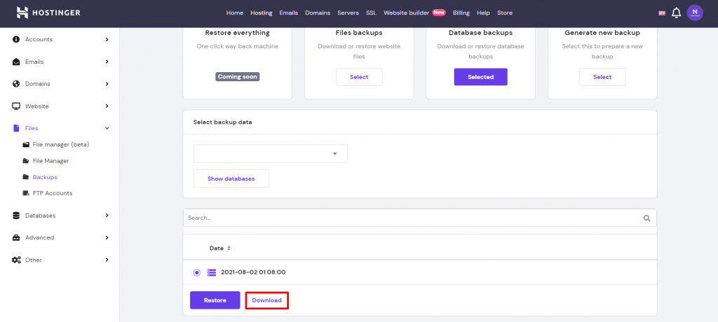 Screenshot from hPanel showing the most recent backup and where to click on the Download button.