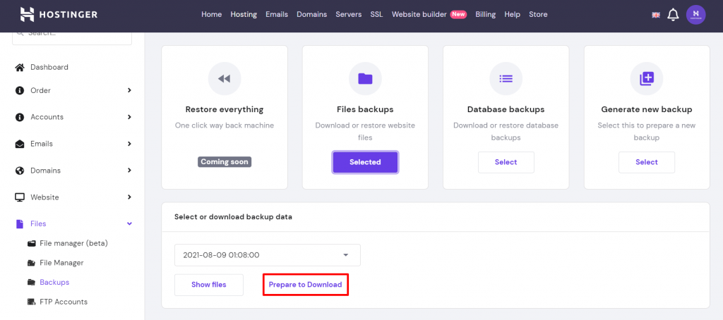 Screenshot from hPanel showing where to click to select Files Backups and the Prepare to download button.