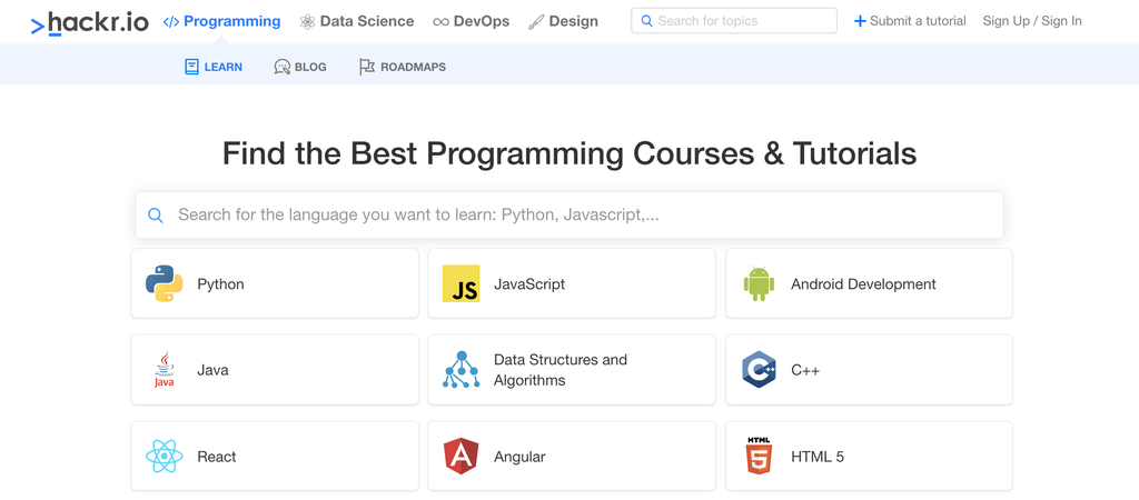 hackr.io homepage.